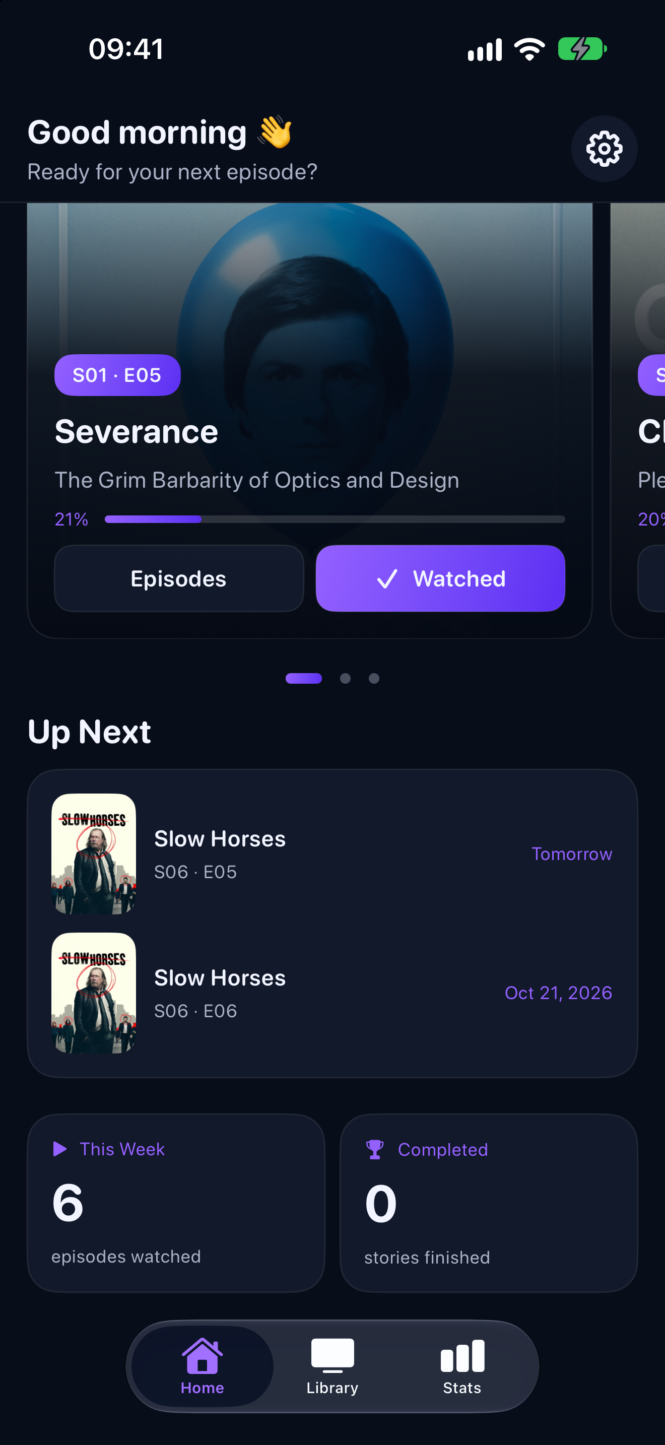Home screen showing the next episode and upcoming releases