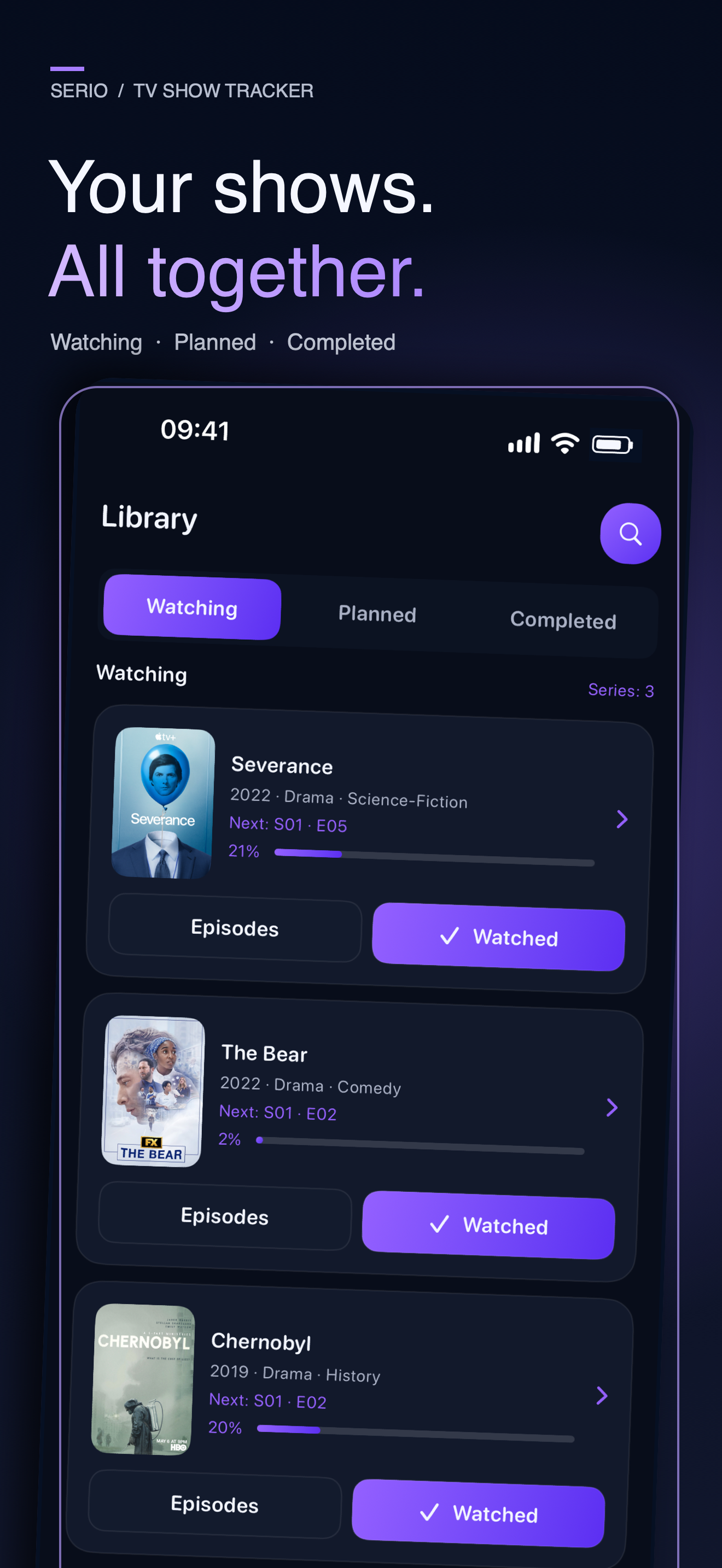 Serio library showing Watching, Planned and Completed lists, episode progress and next episodes